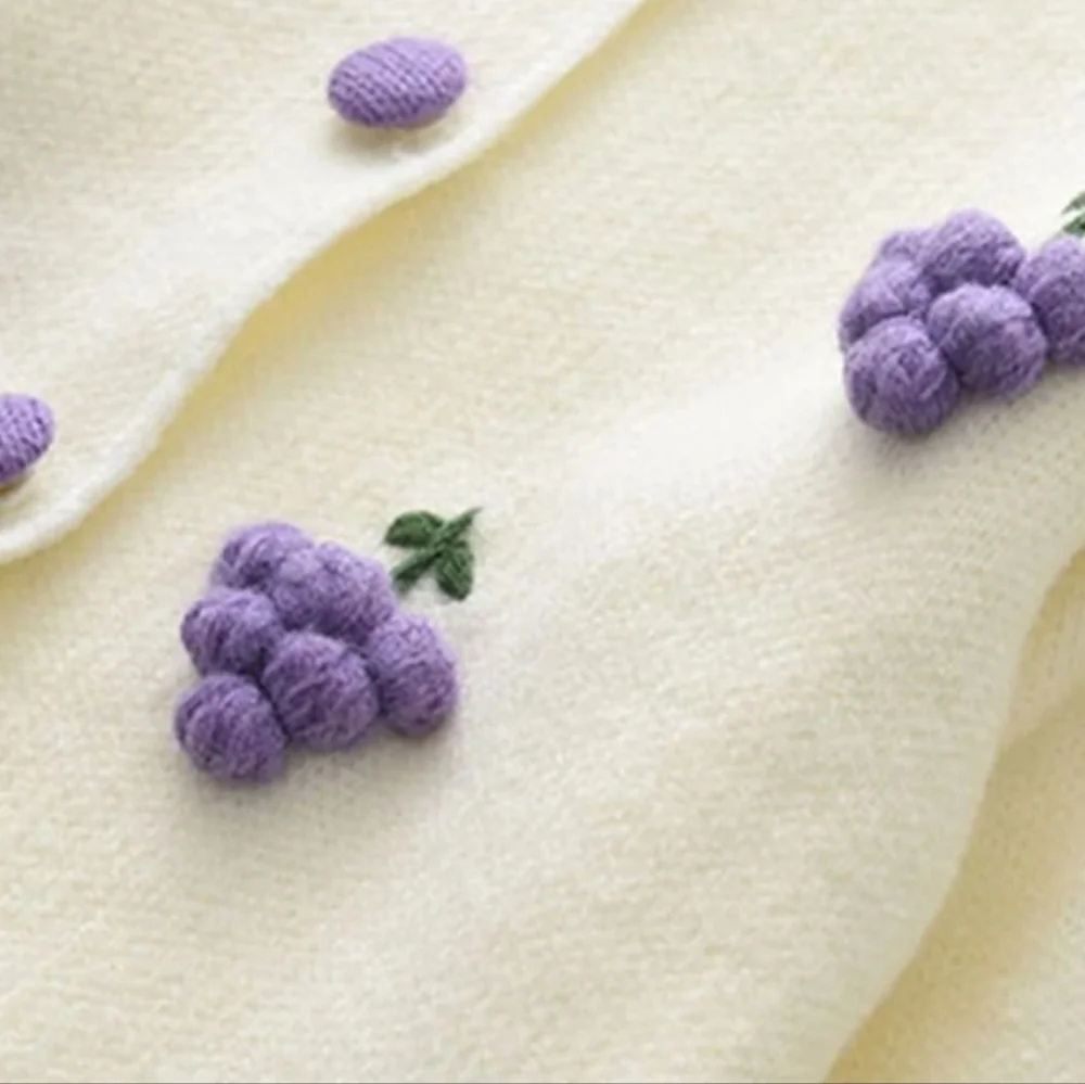 Spring Autumn Girls Grape Pom Pom Longsleeve Cardigan & Pleated Knit Skirt 2Pcs.